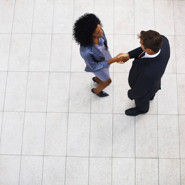 male and female business people shaking hands